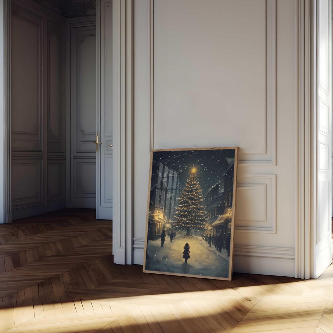 Snowy Street Christmas Tree Glowing At Night With Child Walking Poster - Image 2