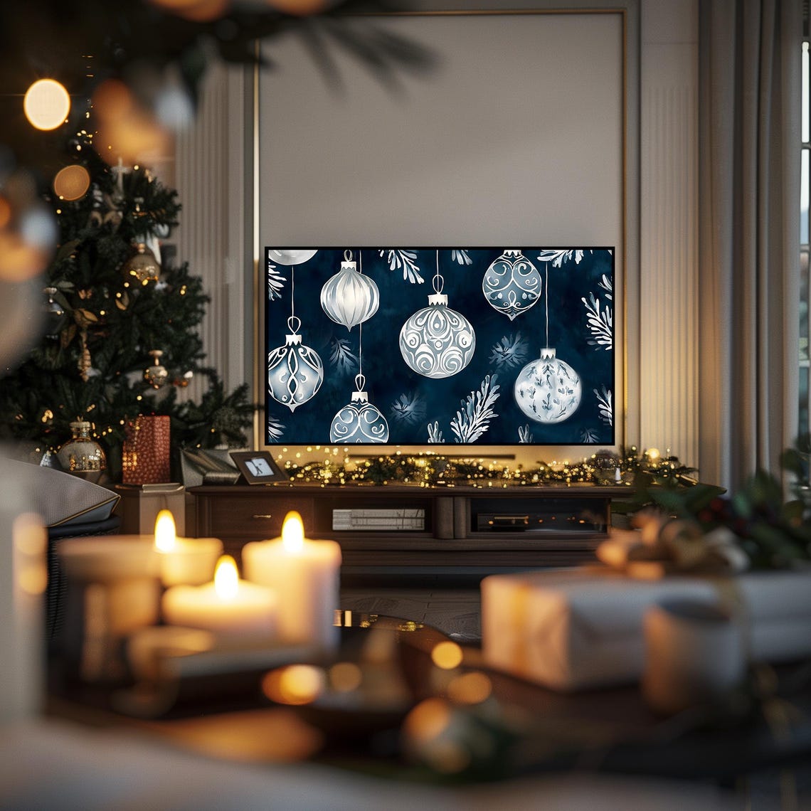 Blue White Christmas Ornaments Watercolor Moody Holiday Art Poster - Image 5