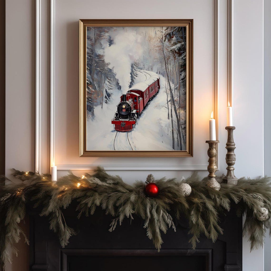 Vintage Red Steam Train Snowy Forest Winter Railroad Art Poster - Image 6
