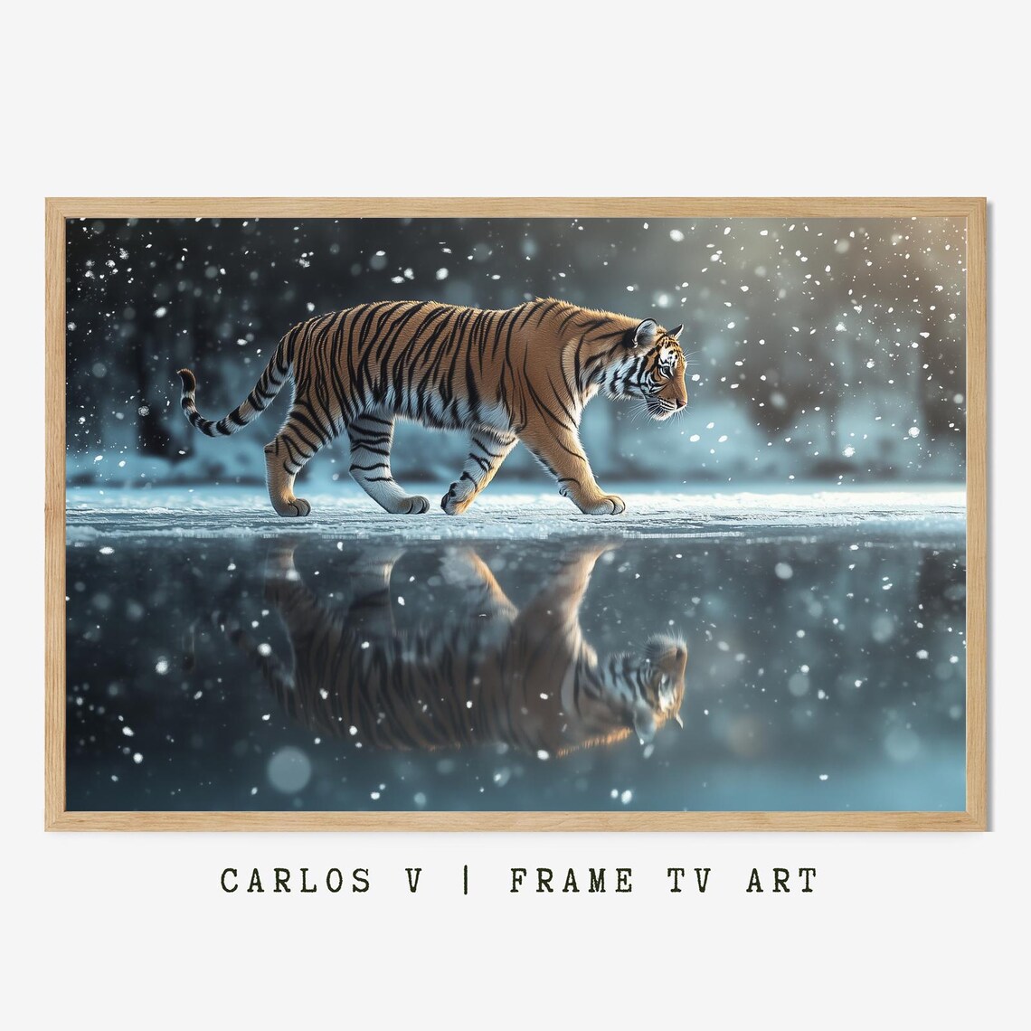 Tiger Crossing Frozen Lake with Reflection Falling Snow Winter Art Poster