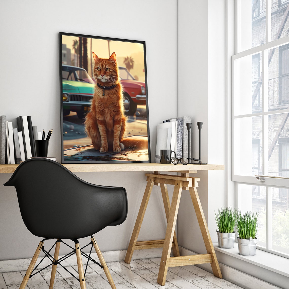 Orange Tabby Cat City Street Sunset Vintage Cars Scene Poster
