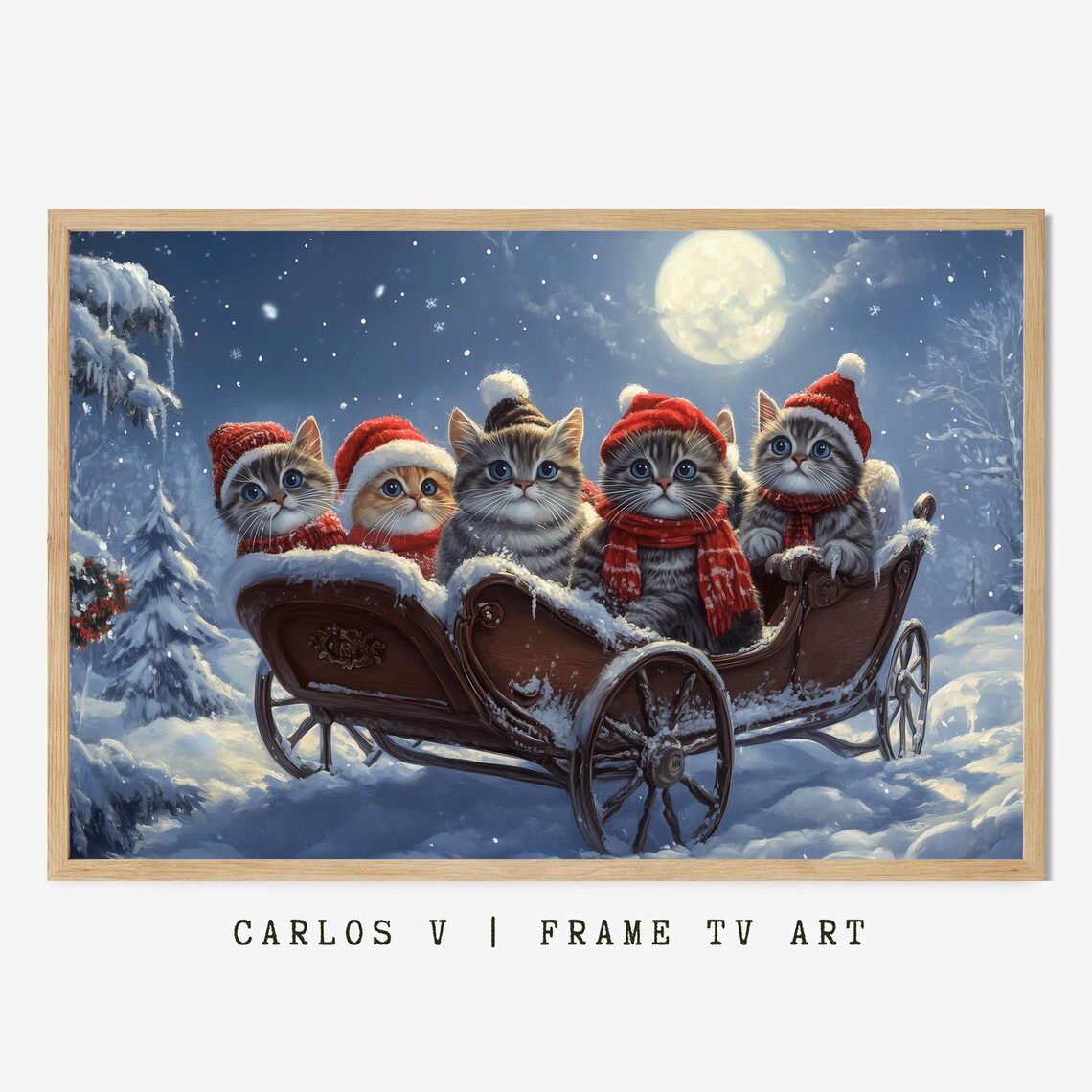 Cats As Santa's Helpers In Sleigh, Winter Cat Illustration