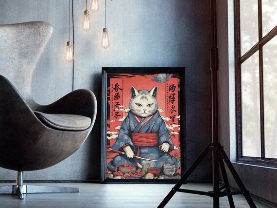 Cat in Blue Kimono in a Traditional Japanese Woodblock Style Poster