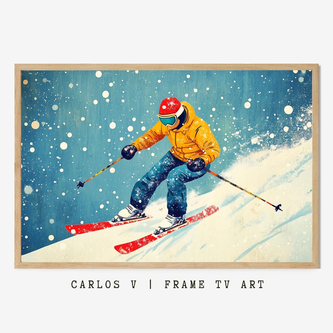 Skier In Bright Yellow Jacket Carving Through Falling Snow Poster