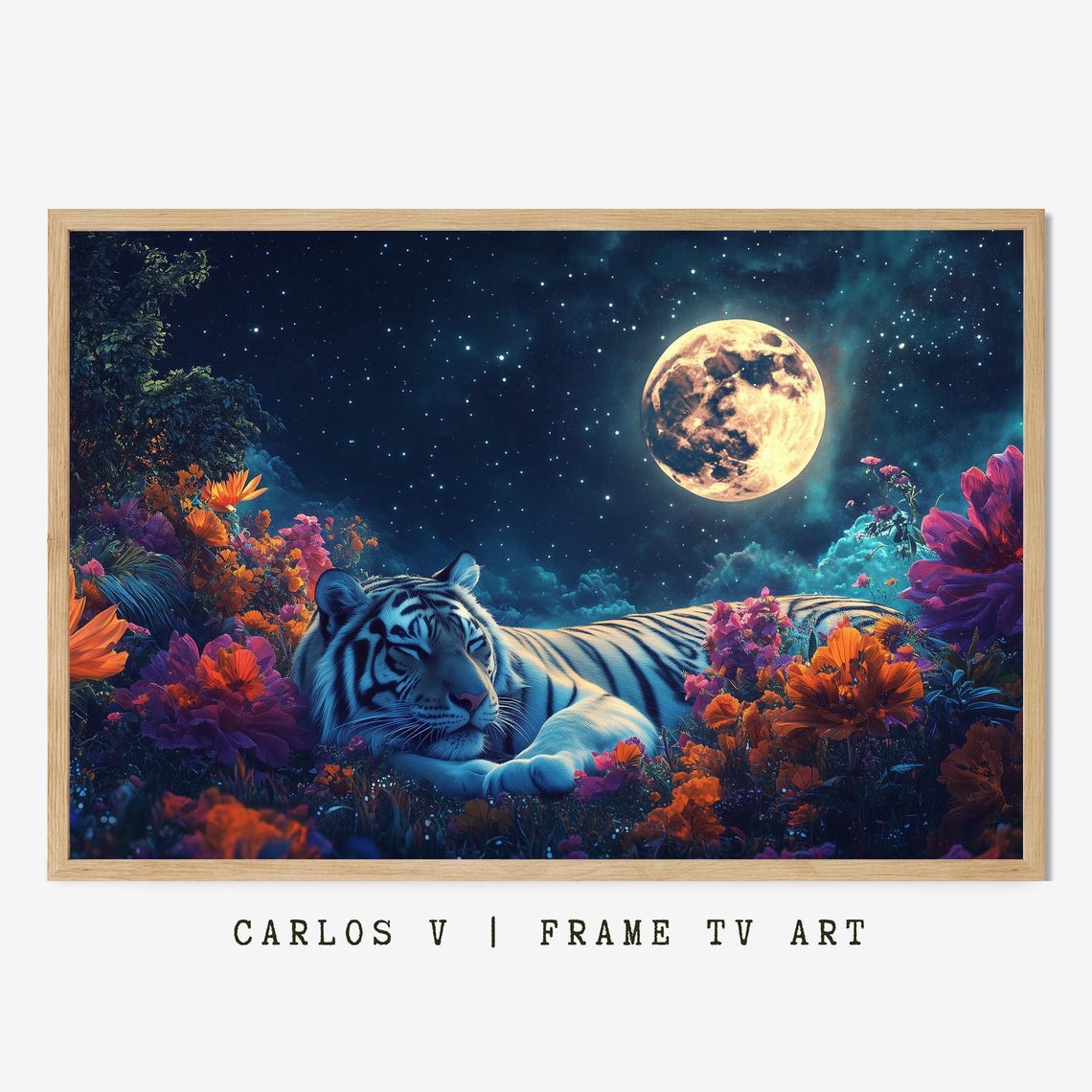White Tiger Sleeping Among Flowers Under Full Moon Sky Poster
