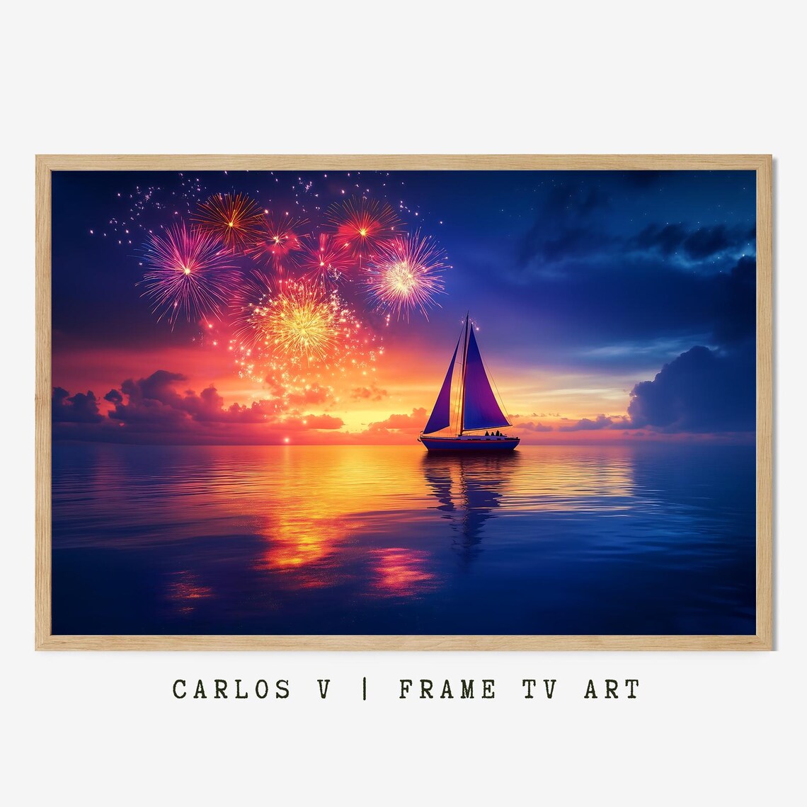 Fireworks Reflecting On Ocean Waves, Illustration