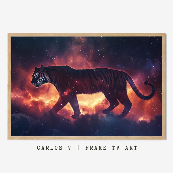 Tiger Silhouette Walking Through Red Nebula Space Sky Poster