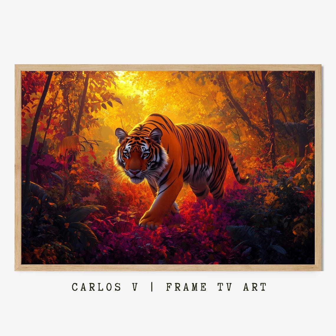 Tiger Walking through Glowing Golden Jungle Sunset Wildlife Art Poster