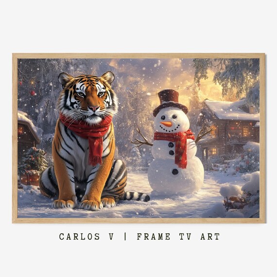Tiger in Red Scarf with Snowman Festive Winter Village Holiday Poster