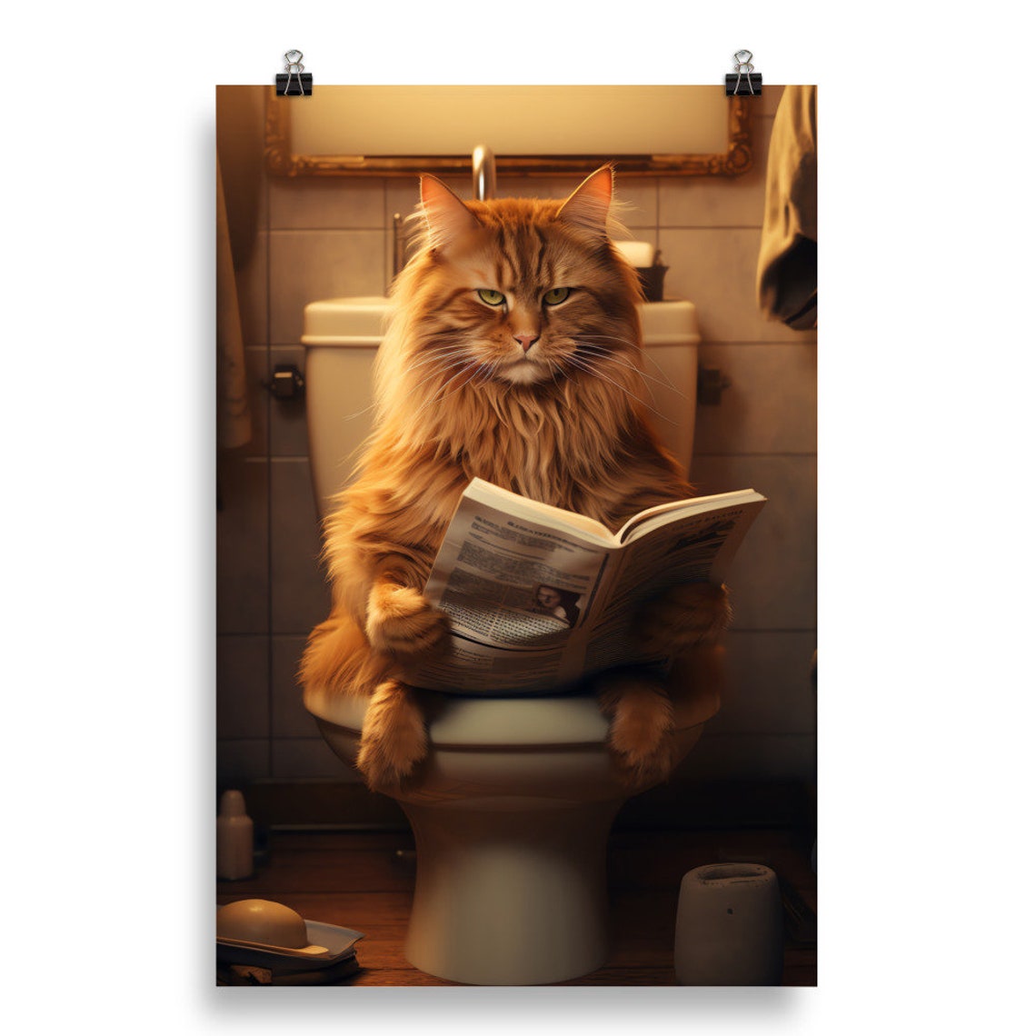 Orange Cat Sitting On Toilet Reading Newspaper Funny Bathroom Poster - Image 2