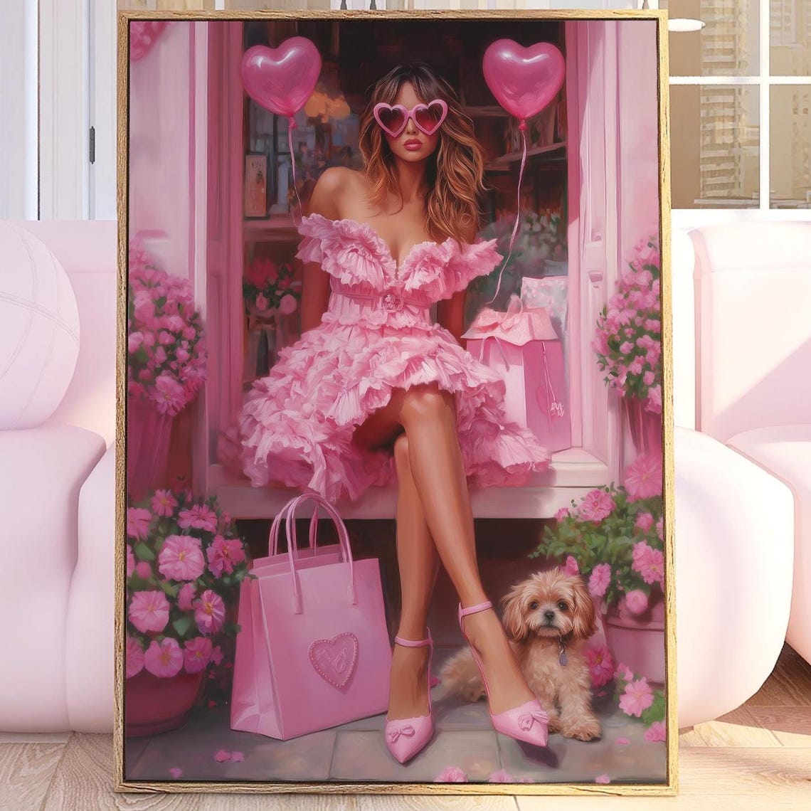 Girl In Pink Dress With Cute Dog Fashion Galentines Day Girly Trendy Preppy Brown Poodle Art