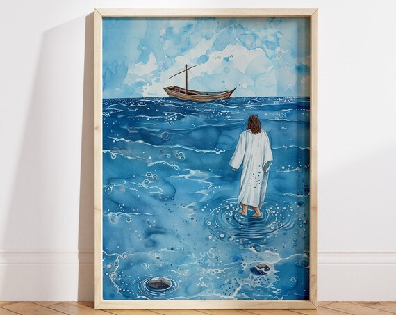 Jesus Walking on Water Blue Watercolor Christian Faith Poster