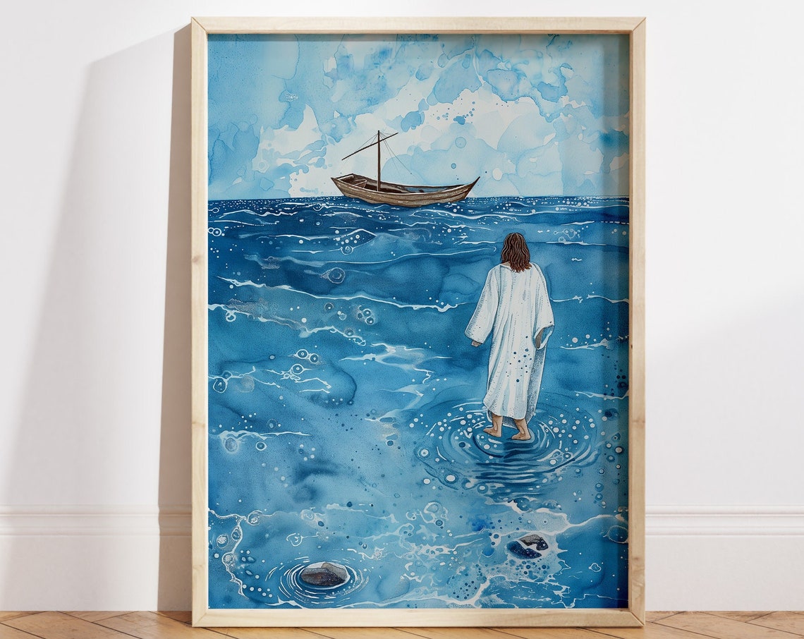Jesus Walking on Water Blue Watercolor Christian Faith Poster