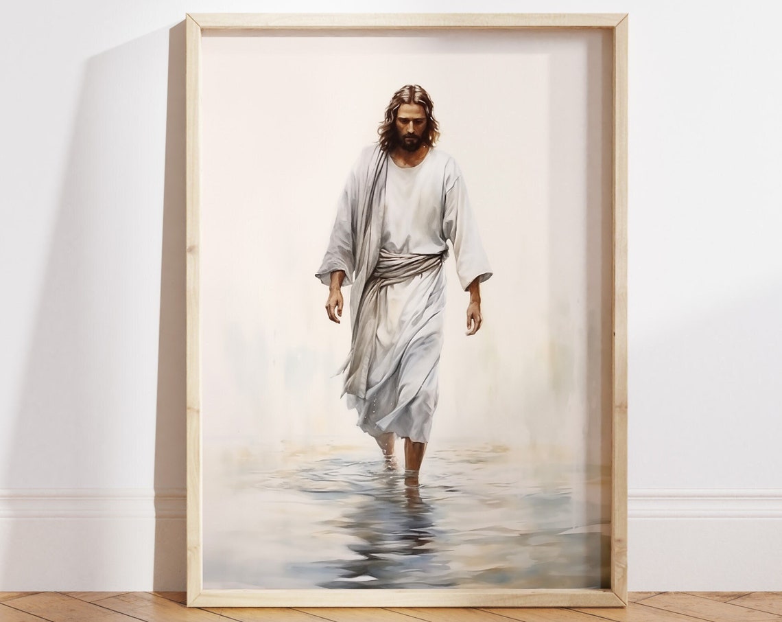 Jesus Walking on Water Calm Sea Realistic Christian Painting Poster