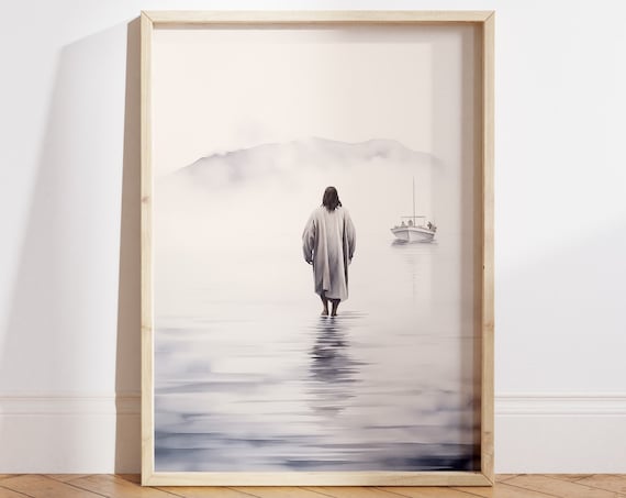 Minimalist Jesus Walking on Water Misty Gray Watercolor Art Poster