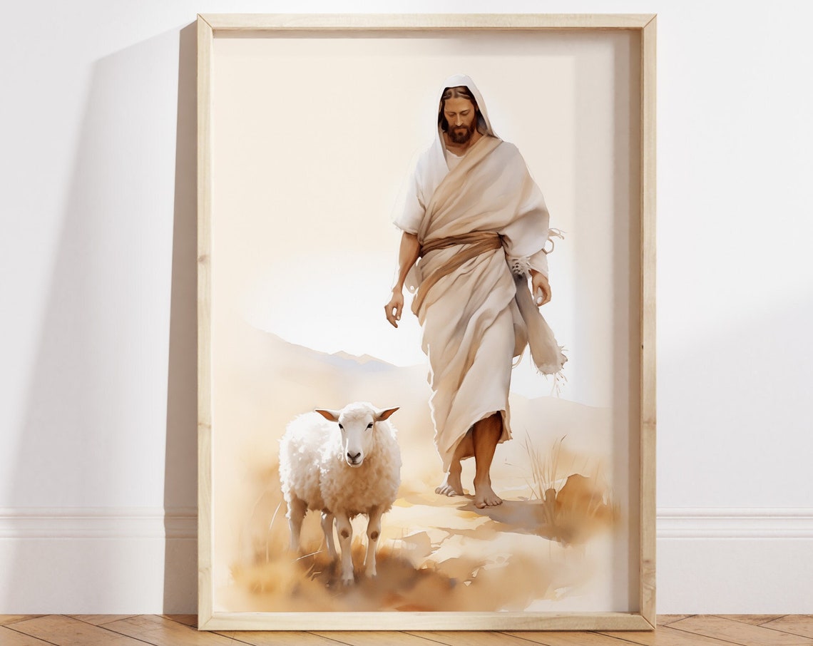 Good Shepherd Jesus and Lamb Soft Watercolor Christian Art Poster