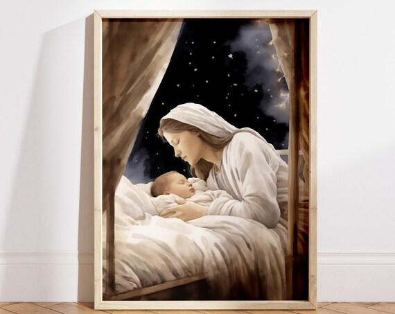 Mary Watching Over Baby Jesus Starry Night Nursery Art Poster
