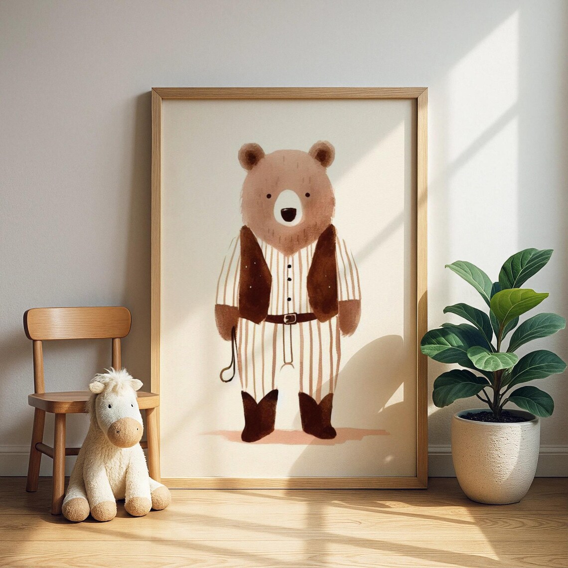 Adorable Brown Bear in Cowboy Outfit Kids Room Western Wall Art