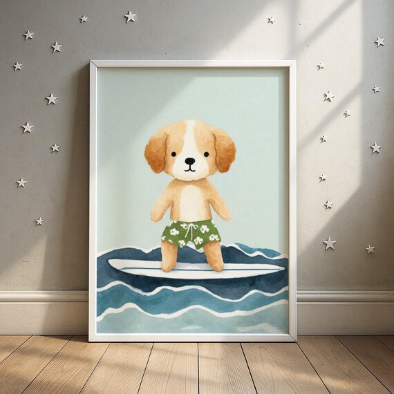 Beach Puppy Print Swimming Dog Nursery Art Kids Room Decor Wall