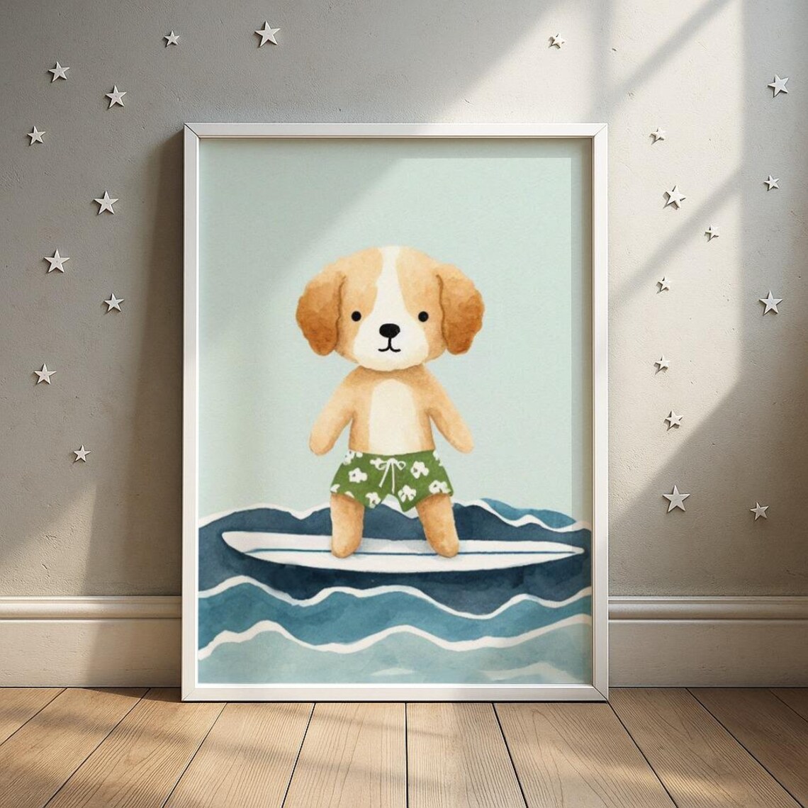 Beach Puppy Print Swimming Dog Nursery Art Kids Room Decor Wall