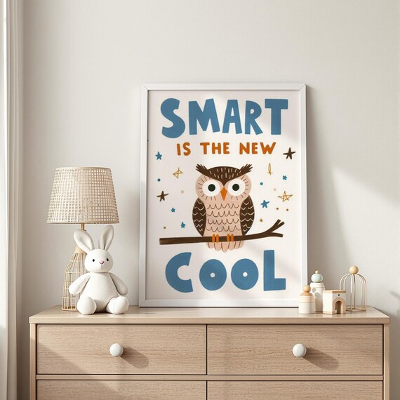 Smart Is The New Cool Owl Quote Nursery Typography Poster Stars Art