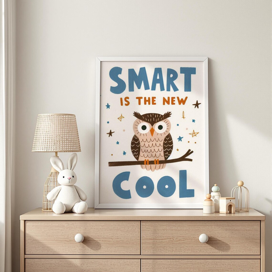Smart Is The New Cool Owl Quote Nursery Typography Poster Stars Art