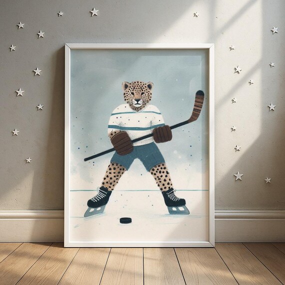 Leopard Ice Hockey Player Rink Funny Animal Playful Sports Poster