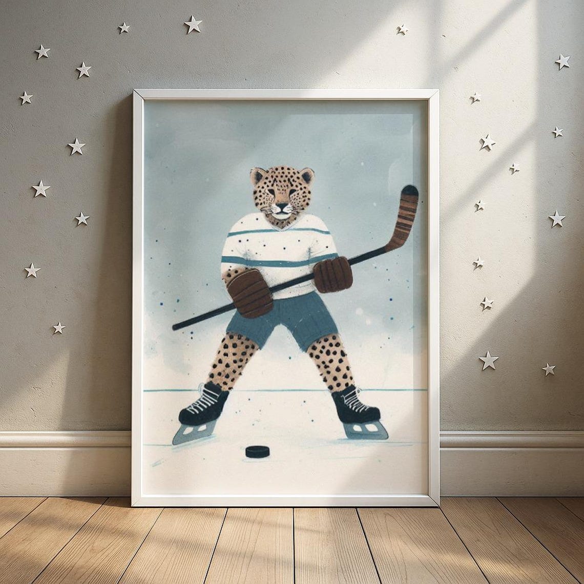 Ice Hockey Leopard Sports Print Spotted Cat On Rink Illustration Boys Room Decor