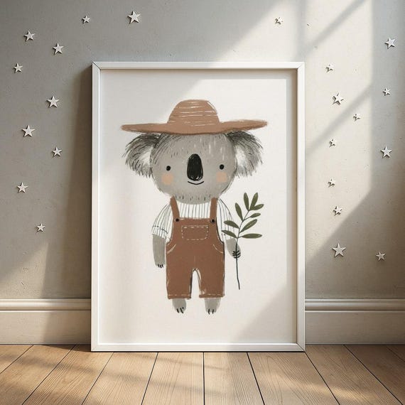 Koala Farmer Hat Overalls Print Cute In Straw And Wall Art Nursery Decor