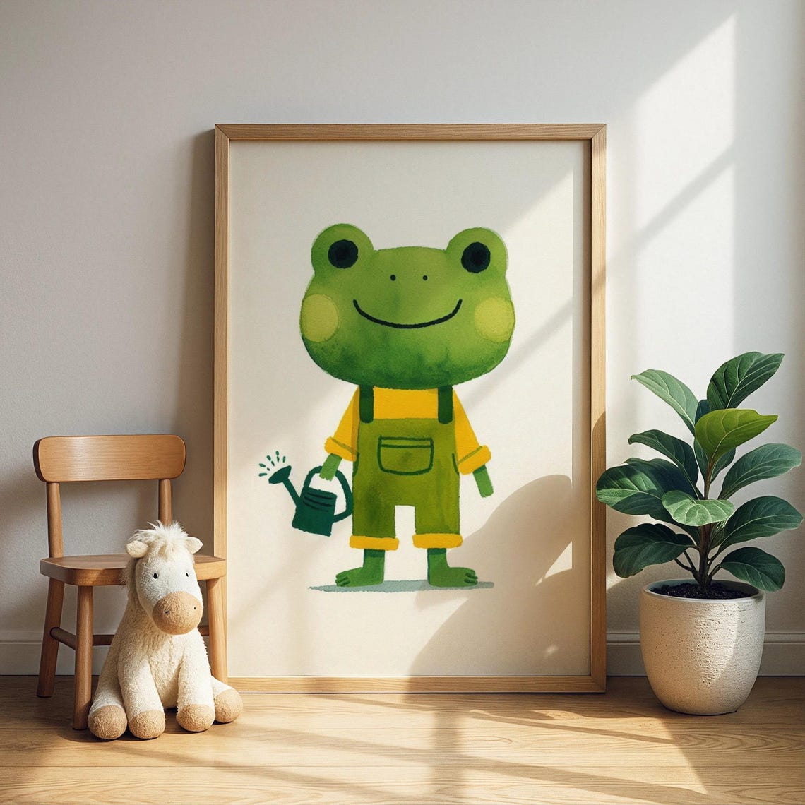 Happy Gardener Frog Holding Watering Can Green Overalls Kids Poster