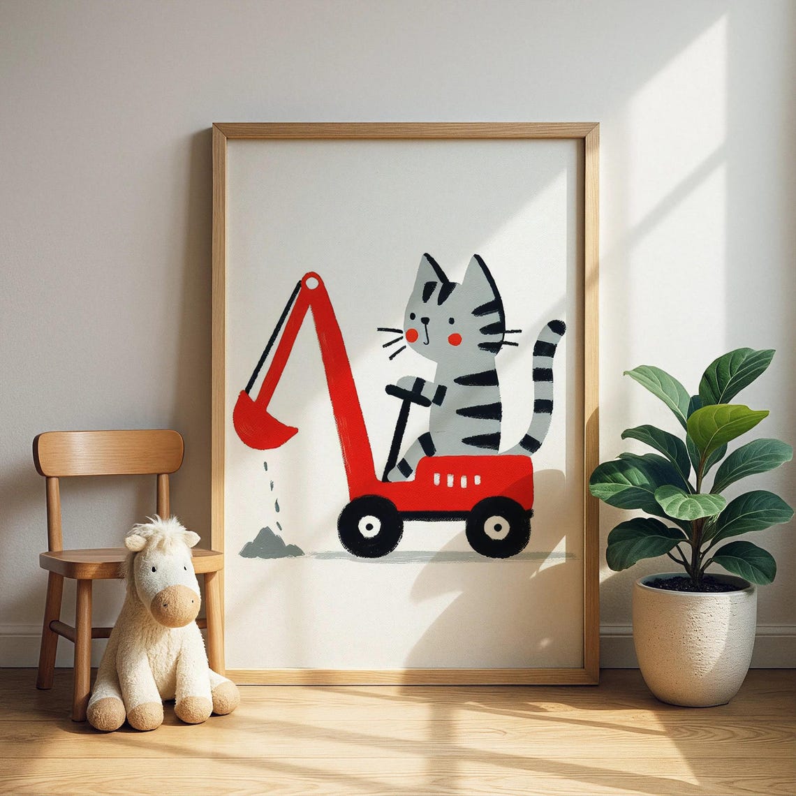 Gray Tabby Cat Driving a Red Excavator Digger Kids Room Poster