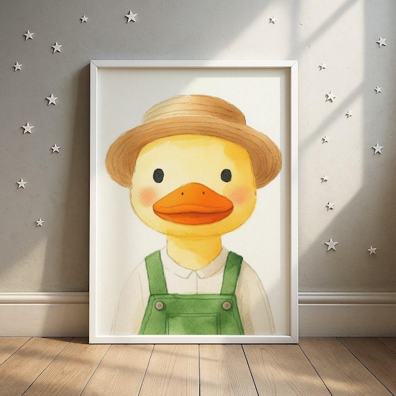 Smiling Farmer Duckling Wearing Green Overalls Nursery Poster