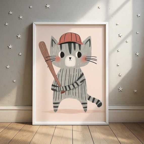 Cute Gray Cat Baseball Player in Cap Kids Sports Room Wall Art