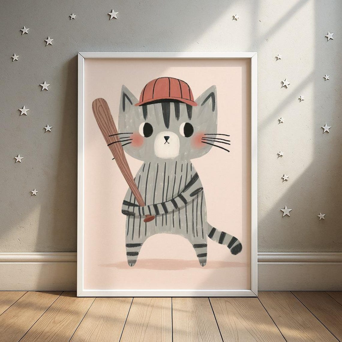 Cute Gray Cat Baseball Player in Cap Kids Sports Room Wall Art