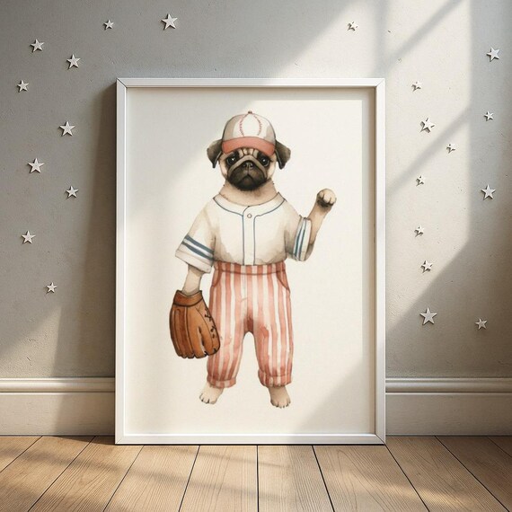 Baseball Pug Nursery Poster Puppy Player Mitt Cute Sports Kids Room Art