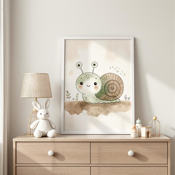 Cute Green Snail Botanical Watercolor Nursery Art Poster Kids Room