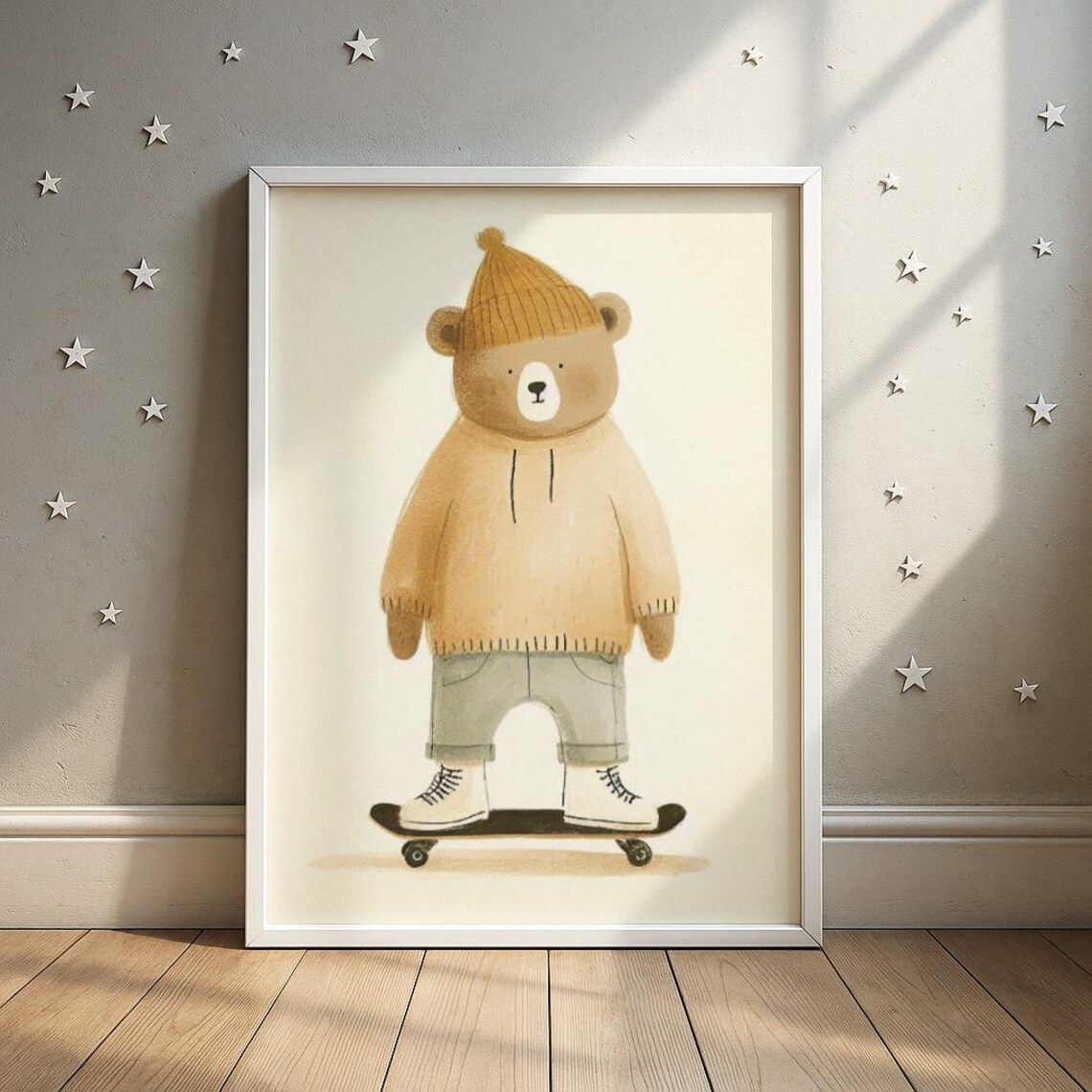 Cute Bear on Skateboard Beige Hoodie Nursery Kids Room Poster