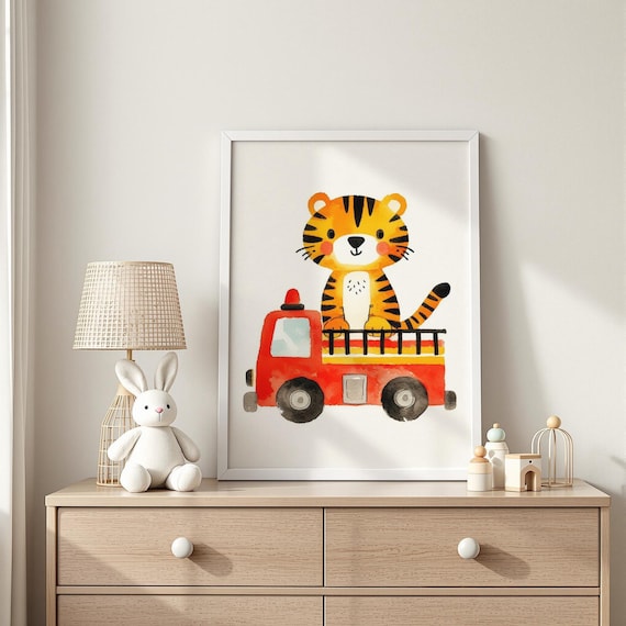 Smiling Tiger Cub Riding a Bright Red Fire Truck Nursery Poster