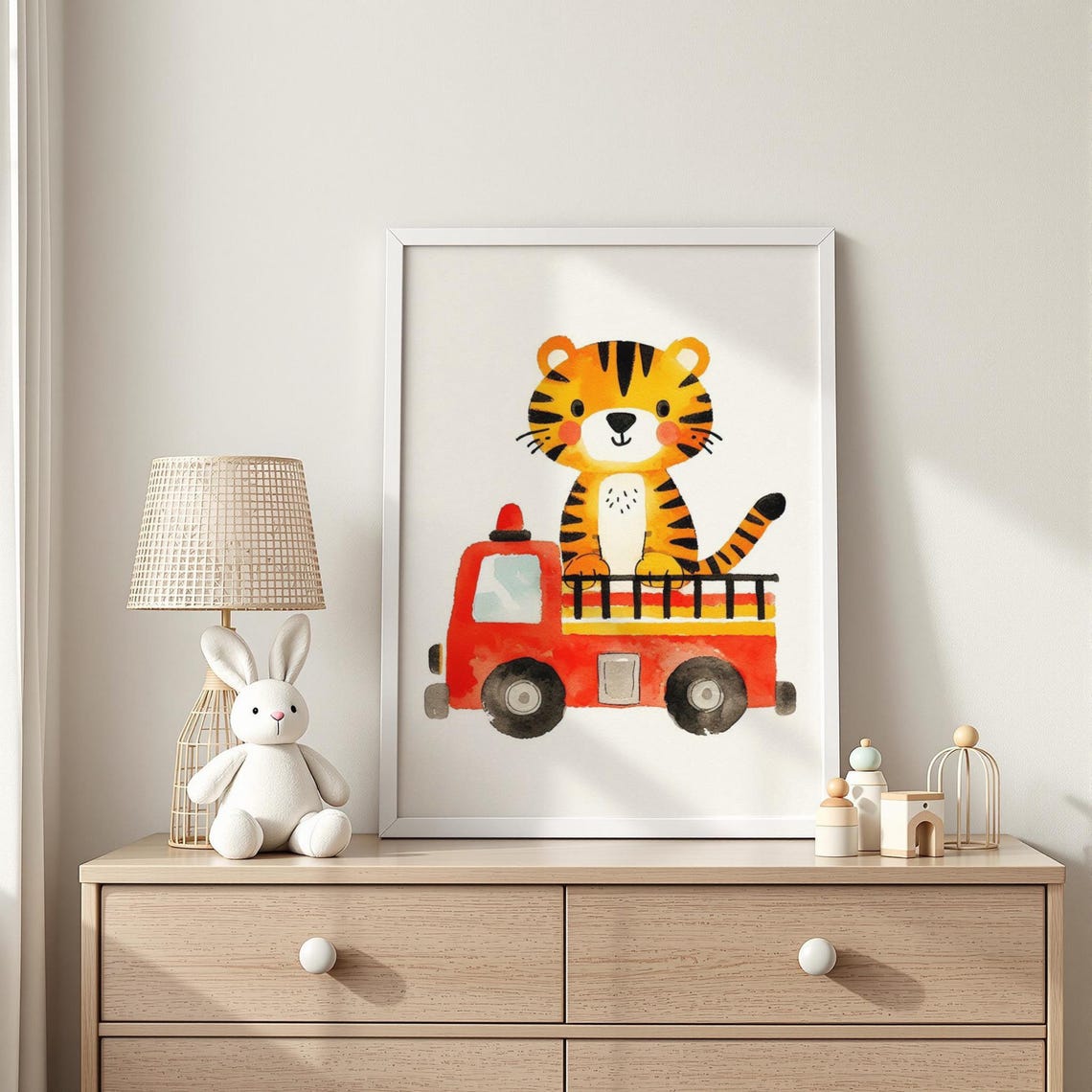 Smiling Tiger Cub Riding a Bright Red Fire Truck Nursery Poster