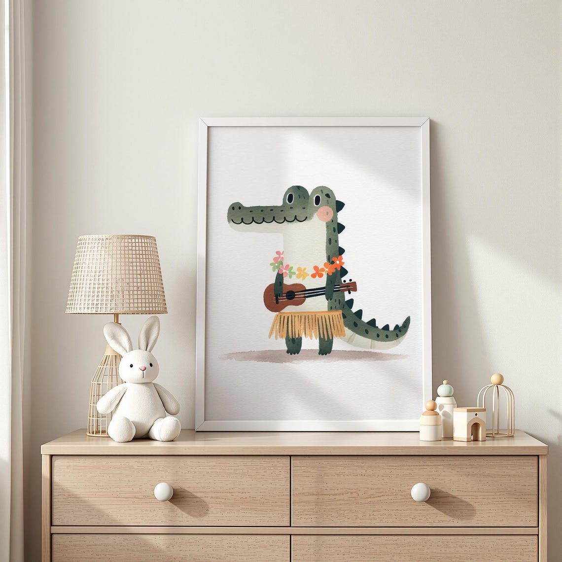 Alligator in Hawaiian Lei Playing Ukulele Hula Dancer Nursery Print
