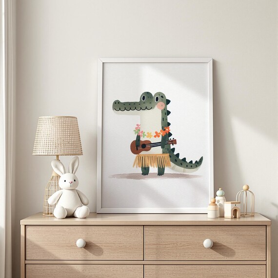 Alligator in Hawaiian Lei Playing Ukulele Hula Dancer Nursery Print