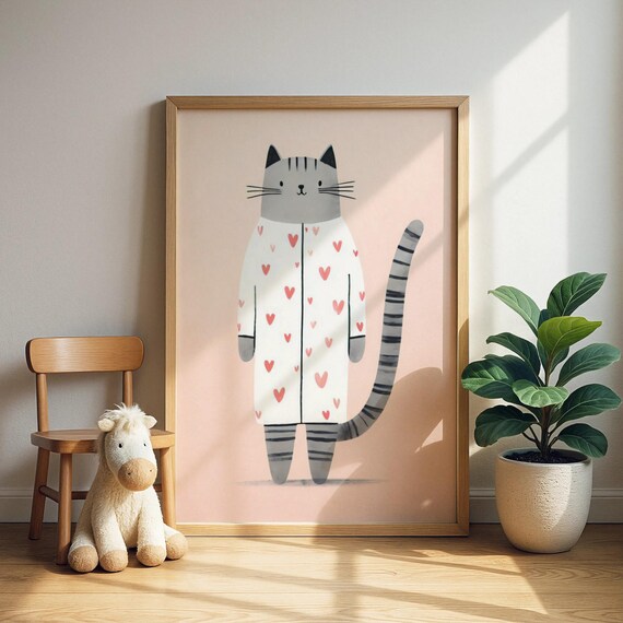 Cute Gray Tabby Cat in Heart Pajamas Cozy Nursery Wall Poster