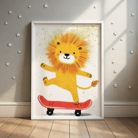 Joyful Lion Cub Balancing on a Red Skateboard Kids Room Art Print