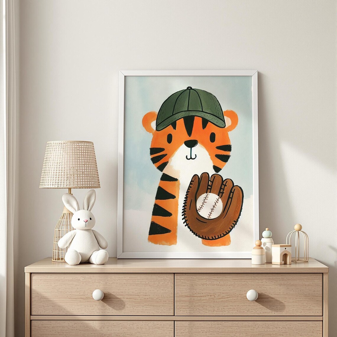 Adorable Tiger Cub in Green Cap Holding Baseball Glove Nursery Poster