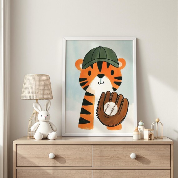 Adorable Tiger Cub in Green Cap Holding Baseball Glove Nursery Poster