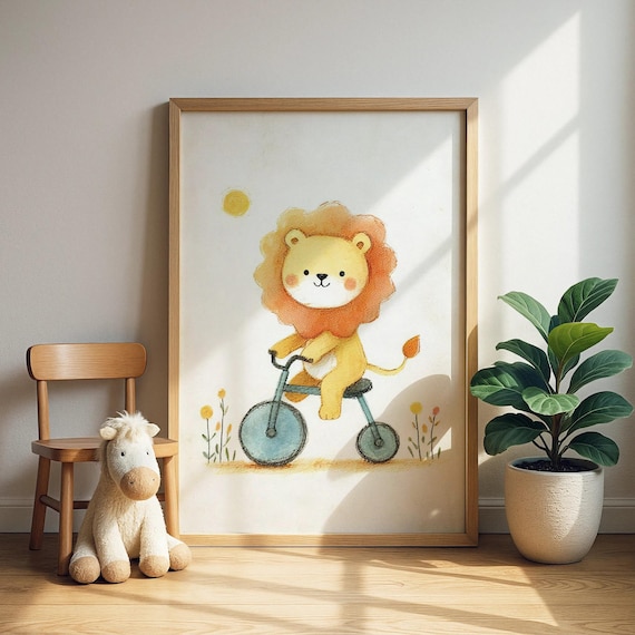 Cute Lion Cub Riding a Blue Bicycle Under the Sun Nursery Wall Art