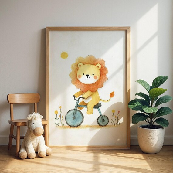 Lion Riding Bicycle Nursery Print Whimsical Safari Bike Art Toddler Room Decor
