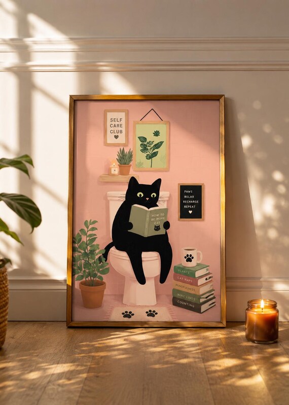 Black Cat Reading On Toilet Print Vintage Maximalist Bathroom Art