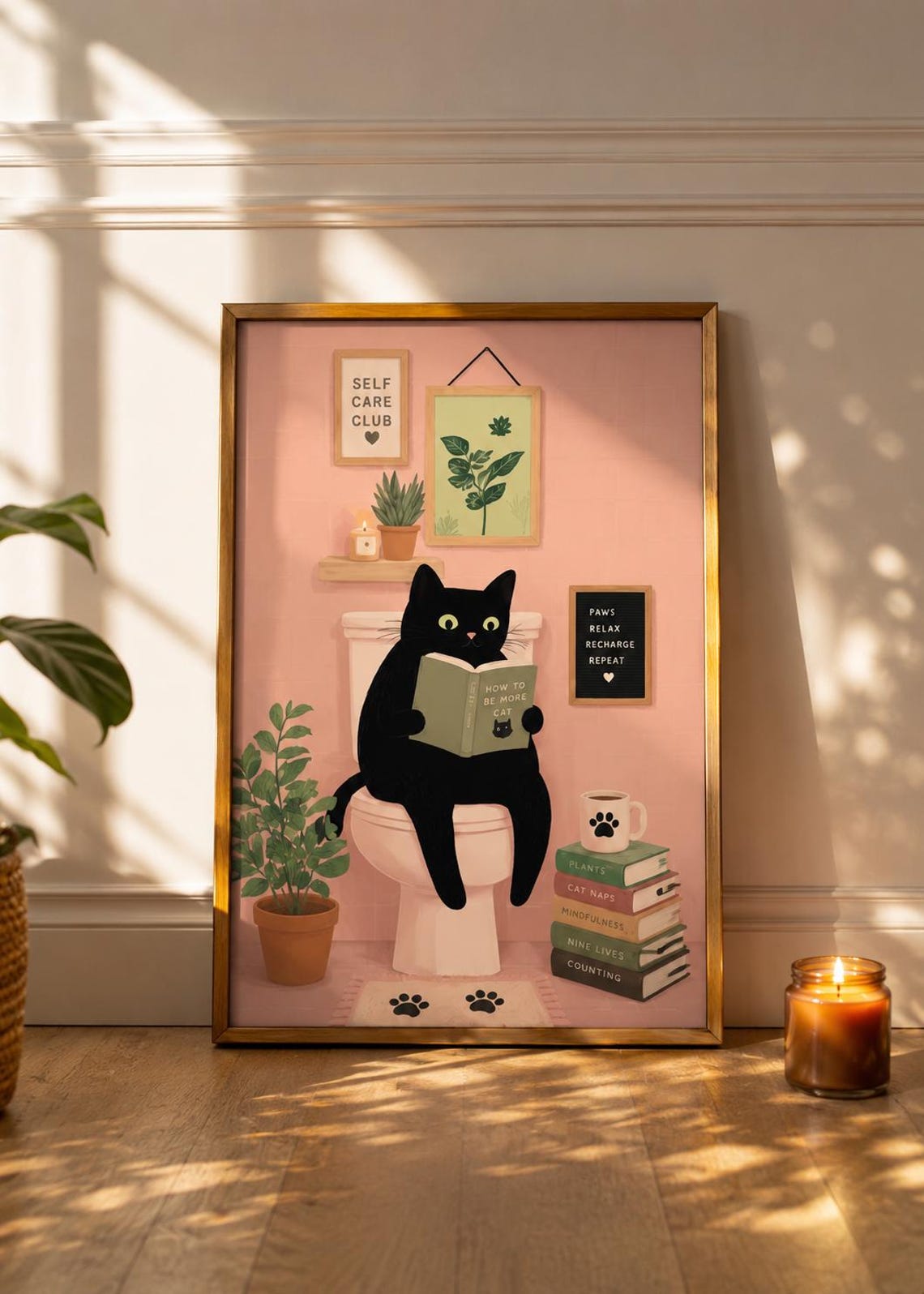 Funny Black Cat Reading on Toilet Self Care Club Pink Bathroom Poster