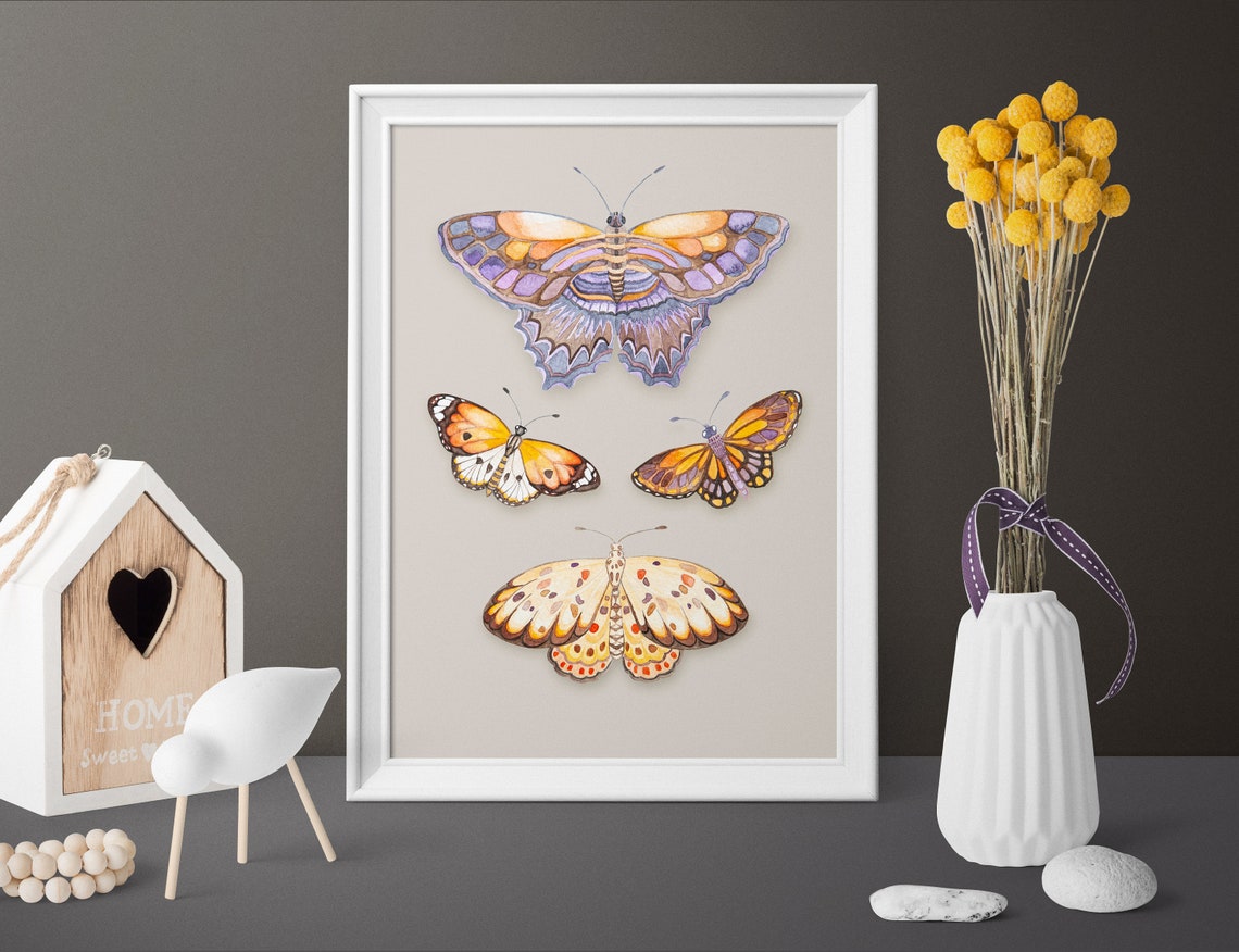 Four Colorful Watercolor Butterflies Purple Orange Gold Art Poster - Image 4